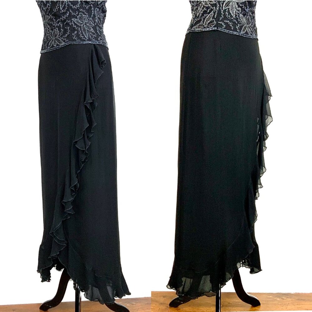 Vintage A.B.S. by Allen Schwartz Black Maxi Wrap Skirt Cascading Ruffles Sz 12 - Picture 7 of 16